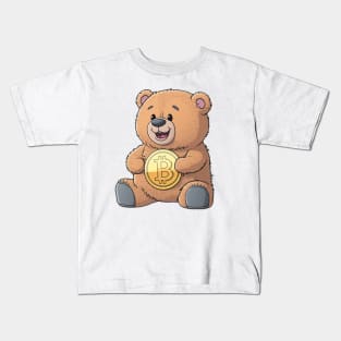 Cute TeddyBear with Bitcoin Coin - Cartoon Style Kids T-Shirt